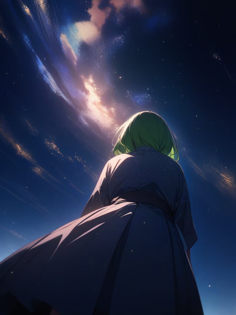  solo,from below,green hair,Yukata,(Milky Way:1.2),Looking up at the sky,Light of fireflies,light particles,{{Night}},, masterpiece, best quality,8k,ultra detailed,high resolution,an extremely delicate and beautiful,hyper detail