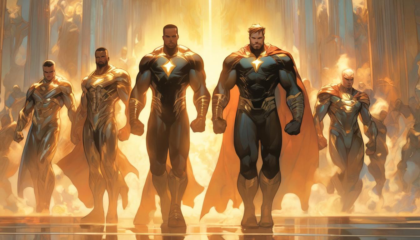  hyperrealism,fantasy aestheticgroup of apostles, diverse in appearance, holy light descending, heavenly background, high tech clothing clad in sleek, futuristic costume with metallic accents and form fitting designs, marvel superhero comics style, unreal engine rendering