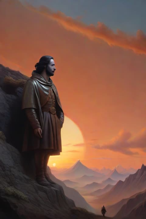  , Ultra detailed, realistic, surreal, cinematic, historical figure, mountain, sunset