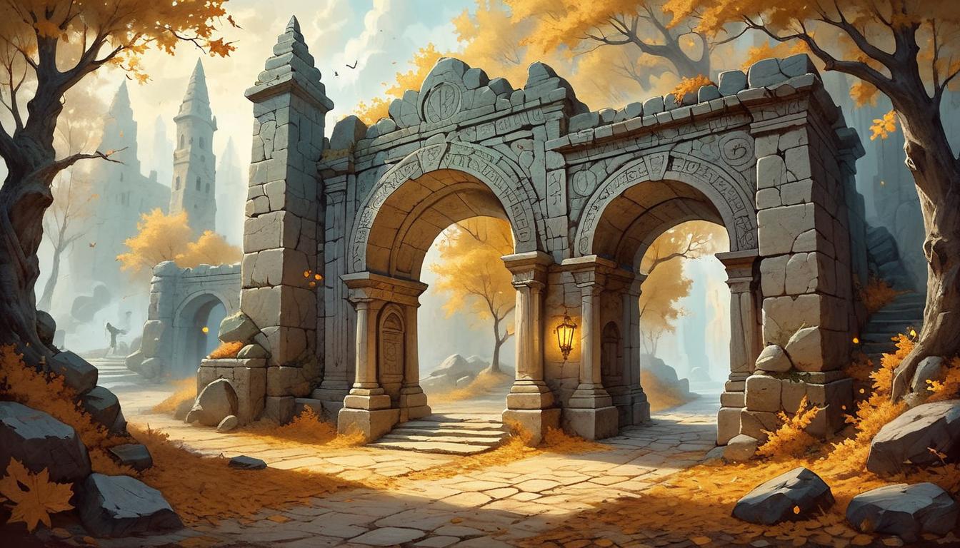  on parchment, surrealism+++, Ancient stone archway, symbols carved into stone, archway leading into a glowing, radiant light, pathway littered with fallen leaves, mystical, transformative(mysterious, provocative, symbolic,muted color)+++