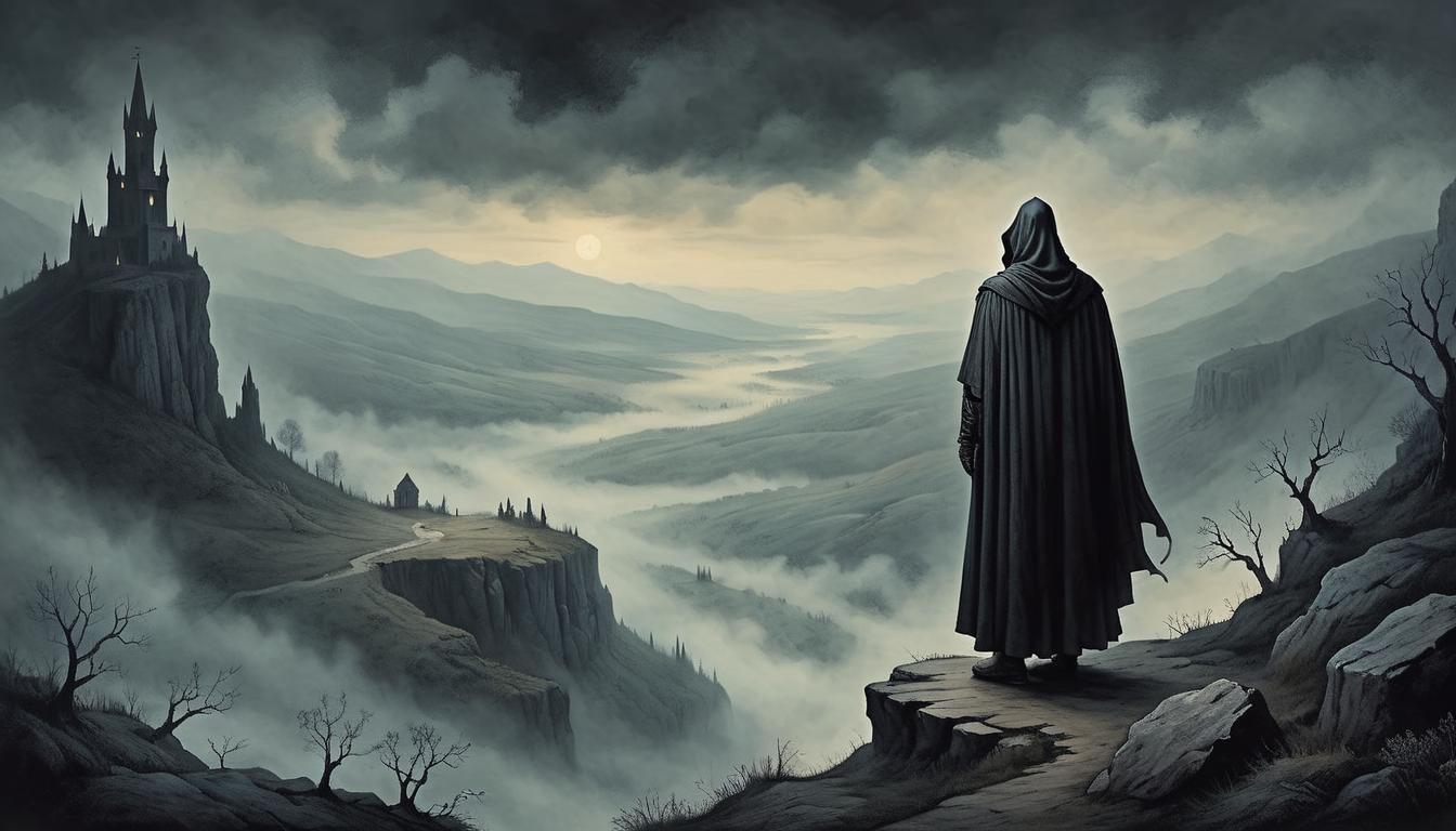  on parchment, surrealism+++, Mysterious cloaked figure standing on a cliff edge, overlooking a dark, misty valley below, enigmatic, somber(mysterious, provocative, symbolic,muted color)+++