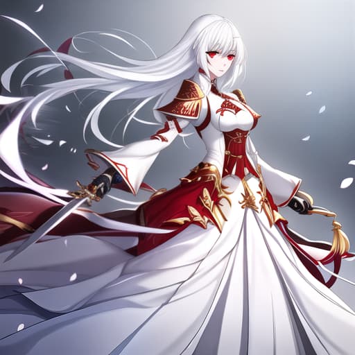  a girl manhua character with white hair with red eyes with white skin wearing knite dress and carrying a sword hyperrealistic, full body, detailed clothing, highly detailed, cinematic lighting, stunningly beautiful, intricate, sharp focus, f/1. 8, 85mm, (centered image composition), (professionally color graded), ((bright soft diffused light)), volumetric fog, trending on instagram, trending on tumblr, HDR 4K, 8K