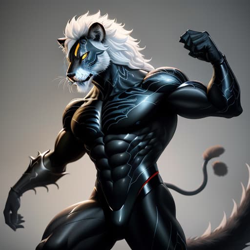  Create an AI-generated image of a fusion between Venom and a lion. The body should be that of a powerful, full-grown lion, but its skin is entirely covered with Venom's black symbiote texture. Ensure the texture includes Venom's signature swirling patterns and glossy sheen. Integrate Venom's menacing features subtly into the lion's face, with sharp teeth, white eyes, and hints of the symbiote's tendrils wrapping around its limbs and tail." , hyperrealistic, high quality, highly detailed, perfect lighting, intricate, sharp focus, f/1. 8, 85mm, (centered image composition), (professionally color graded), ((bright soft diffused light)), trending on instagram, HDR 4K, 8K