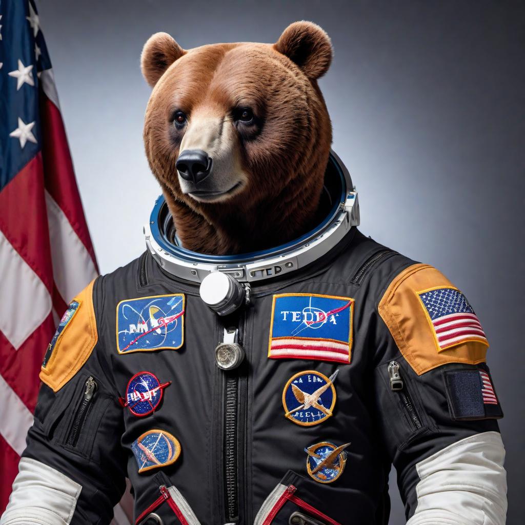  A 65-year-old bald black male astronaut, muscular build, 6 feet tall, with black eyes and brown skin. He is wearing a black and tan astronaut suit with a helmet. The suit has Ranger and eagle patches on the shoulders, along with American flags. There is a name tag on the left side of the suit that says 'Ted E. Bear', and the words 'Outter Limits' on the other side. hyperrealistic, full body, detailed clothing, highly detailed, cinematic lighting, stunningly beautiful, intricate, sharp focus, f/1. 8, 85mm, (centered image composition), (professionally color graded), ((bright soft diffused light)), volumetric fog, trending on instagram, trending on tumblr, HDR 4K, 8K