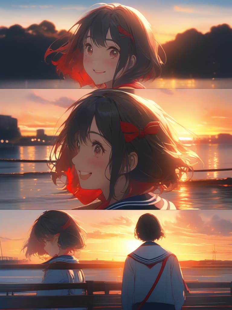  Girl, sunset, Bob, sailor suit, red muffler, emo, smile, evening, masterpiece, best quality,8k,ultra detailed,high resolution,an extremely delicate and beautiful,hyper detail