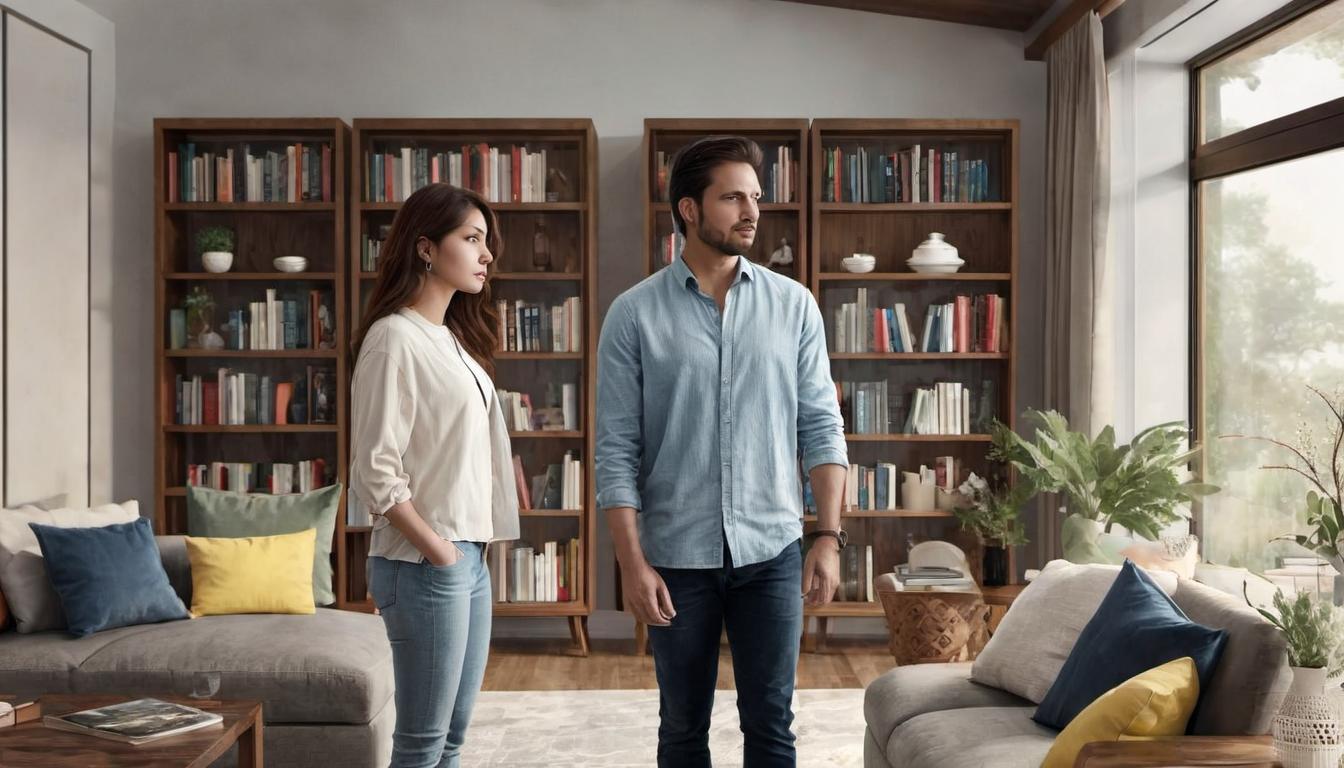  digital illustration, 1woman, 1man, standing back to back, woman looking determined, man looking indifferent, indoors setting, cozy living room, bookcase in background, tension in the air, muted colors, looking at viewer, dynamic pose, (intricate details, masterpiece, best quality)