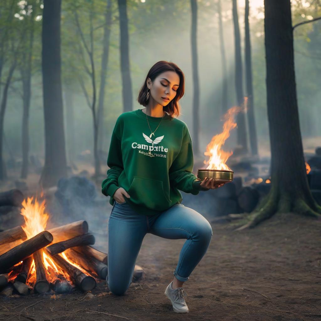  a woman dances with a tambourine by a campfire dressed in a green sweatshirt and jeans hyperrealistic, full body, detailed clothing, highly detailed, cinematic lighting, stunningly beautiful, intricate, sharp focus, f/1. 8, 85mm, (centered image composition), (professionally color graded), ((bright soft diffused light)), volumetric fog, trending on instagram, trending on tumblr, HDR 4K, 8K