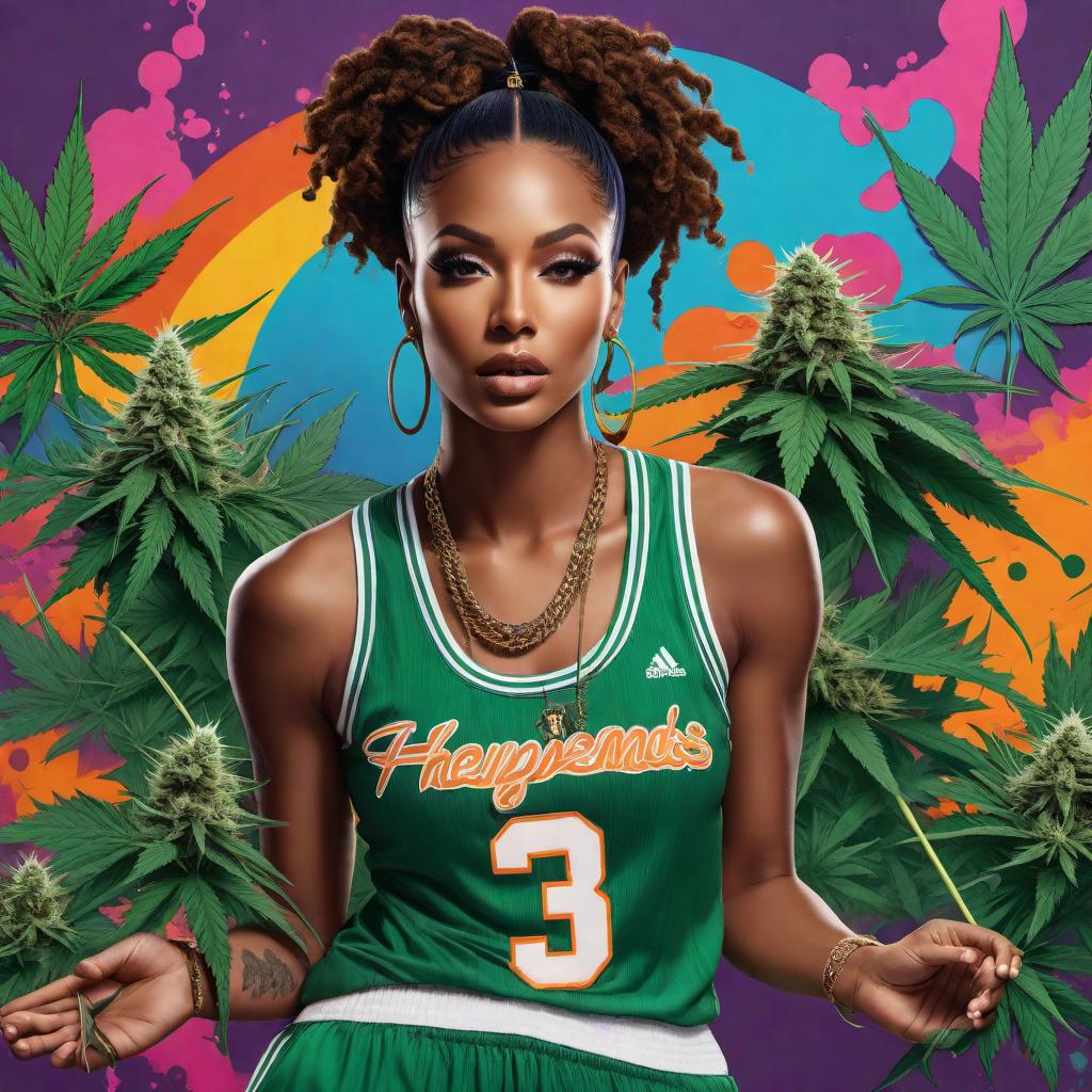  A vibrant and dynamic image combining elements of sports, weed culture, and hip hop. The image should include a stylish, urban background with graffiti art. In the foreground, there should be athletes playing basketball, wearing hip hop-inspired clothing and accessories. There should also be elements of weed culture, like a hint of smoke or cannabis leaves, subtly integrated into the design. The overall vibe should be energetic and edgy, capturing the essence of all three themes in a cohesive and artistic manner. hyperrealistic, full body, detailed clothing, highly detailed, cinematic lighting, stunningly beautiful, intricate, sharp focus, f/1. 8, 85mm, (centered image composition), (professionally color graded), ((bright soft diffused light)), volumetric fog, trending on instagram, trending on tumblr, HDR 4K, 8K