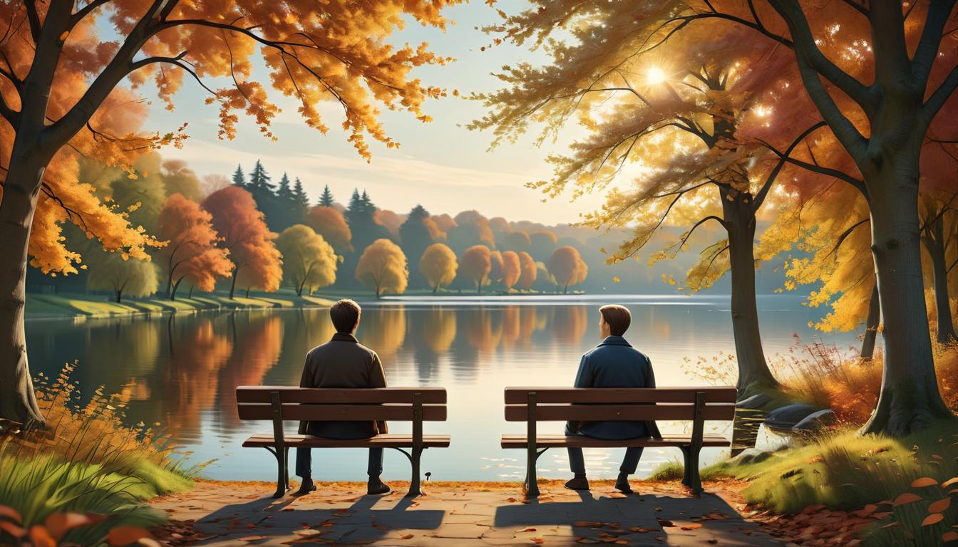  1man, 1woman, sitting on a bench by a peaceful lake, deep in conversation, autumn trees reflected in the water, calm, serene, simplicity of genuine communication, digital illustration, very aesthetic, highres, 4k, 8k, intricate detail, cinematic lighting, amazing quality, amazing shading, official artwork, wallpaper