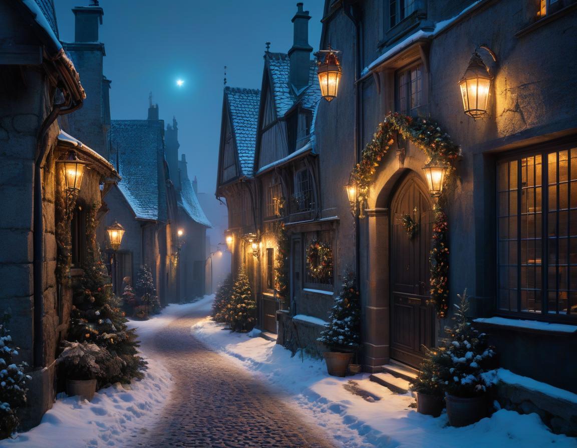  gothic style No people. A small village in France is covered in snow. In the style of Jean Baptiste Monge, old Gothic stone rickety buildings. Christmas Eve. Night, a bright star is burning in the sky. Christmas decorations hang on the doors of buildings and lights shine in the windows. Details. Lots of embellishments and small details, detailed look. soft colors, HDR, 4K . dark, mysterious, haunting, dramatic, ornate, detailed, GLOWNEON, oil painting hyperrealistic, full body, detailed clothing, highly detailed, cinematic lighting, stunningly beautiful, intricate, sharp focus, f/1. 8, 85mm, (centered image composition), (professionally color graded), ((bright soft diffused light)), volumetric fog, trending on instagram, trending on tumblr, HDR 4K, 8K