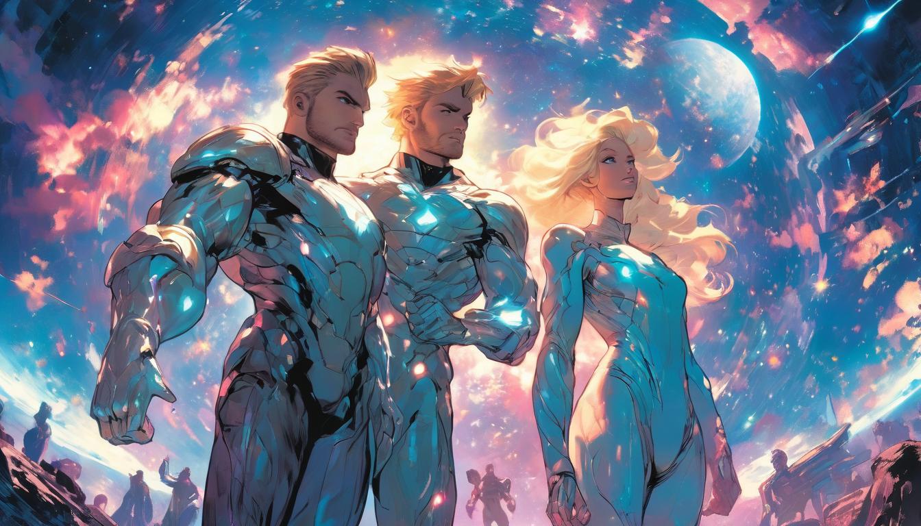  hyperrealism,fantasy aesthetic1man1woman, large busted attractive blonde arian female humanoid and handsome male humanoid, pointing at a holographic map of stars and galaxies, futuristic observatory setting, high tech clothing clad in sleek, futuristic costume with metallic accents and form fitting designs, marvel superhero comics style, unreal engine rendering