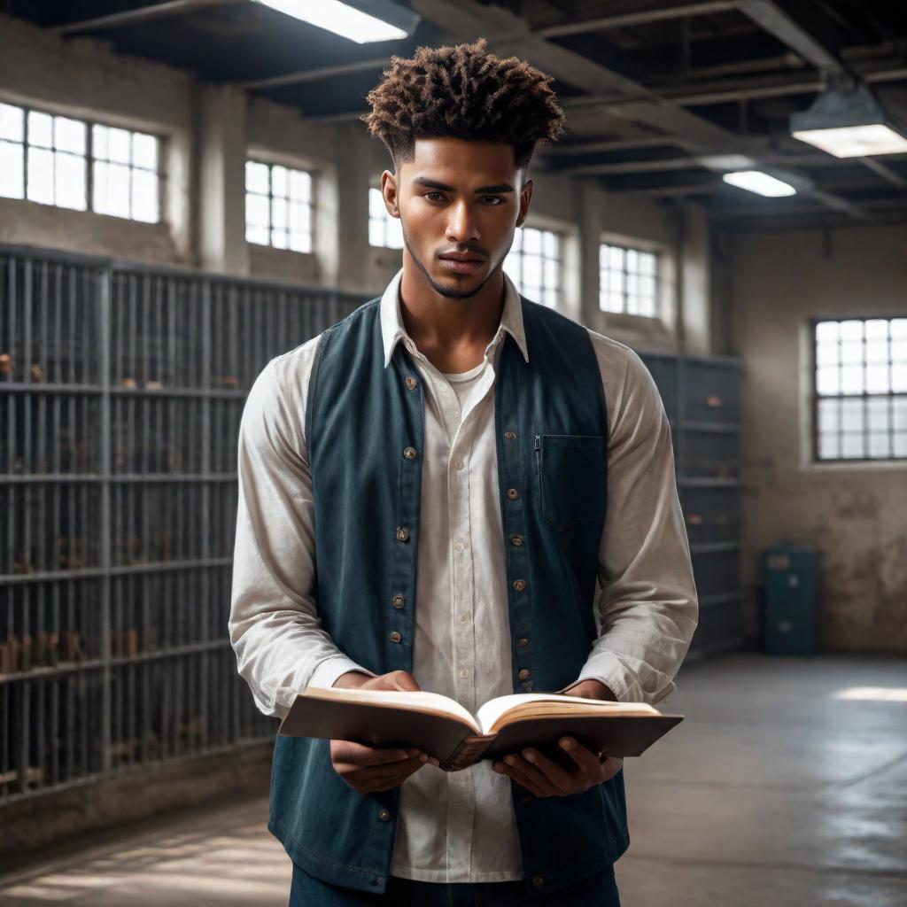  A young man in a prison setting, holding a sketchbook, actively drawing. Around him are elements representing talent and taking action: practice and improvement signs, small goal achievement markers (like a calendar or checklist), supportive influences like a counselor or support group, and motivational phrases such as 'Unlock Your Potential' and 'Celebrate Small Wins.' The scene should feel hopeful and encouraging, focusing on the young man’s dedication and determination to use his talents. hyperrealistic, full body, detailed clothing, highly detailed, cinematic lighting, stunningly beautiful, intricate, sharp focus, f/1. 8, 85mm, (centered image composition), (professionally color graded), ((bright soft diffused light)), volumetric fog, trending on instagram, trending on tumblr, HDR 4K, 8K