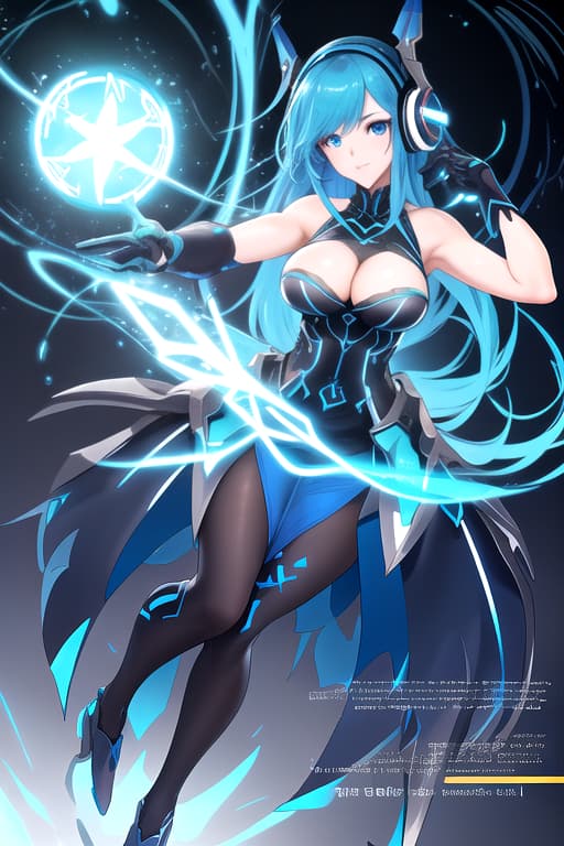  neo,monster strike,blue eyes,blue hair,blue dress,cleavage,short dress,action pose,sleeveless dress,bare shoulder,headphones,gradient hair,aqua ring, worst quality, large head, low quality, extra digits, bad eye, EasyNegativeV2, ng deepnegative v1 75t hyperrealistic, full body, detailed clothing, highly detailed, cinematic lighting, stunningly beautiful, intricate, sharp focus, f/1. 8, 85mm, (centered image composition), (professionally color graded), ((bright soft diffused light)), volumetric fog, trending on instagram, trending on tumblr, HDR 4K, 8K