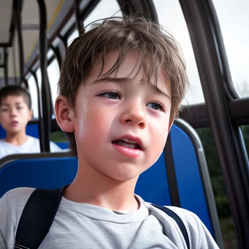  a very sweaty very young boy, caught on a public bus, is discovered by the viewer. The young 's face is rendered in exquisite detail, a look of and arousal as he realizes he's been caught the boy on the bus seat lets out a stream of warm, viscous liquid shooting out from his huge engorged erect tip coating his and splattering onto the floor of the bus, the pinnacle of his is his sweaty features, high-angle shot, dramatic angle, extreme angle shot, photo-realistic, volumetric fog, 85mm lens, HDR, cinematic