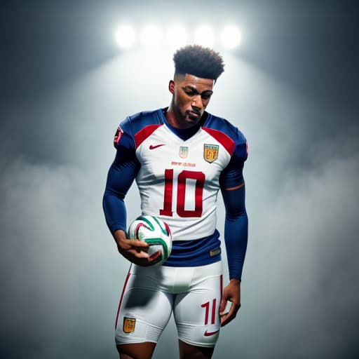  football player and world cup. hyperrealistic, full body, detailed clothing, highly detailed, cinematic lighting, stunningly beautiful, intricate, sharp focus, f/1. 8, 85mm, (centered image composition), (professionally color graded), ((bright soft diffused light)), volumetric fog, trending on instagram, trending on tumblr, HDR 4K, 8K