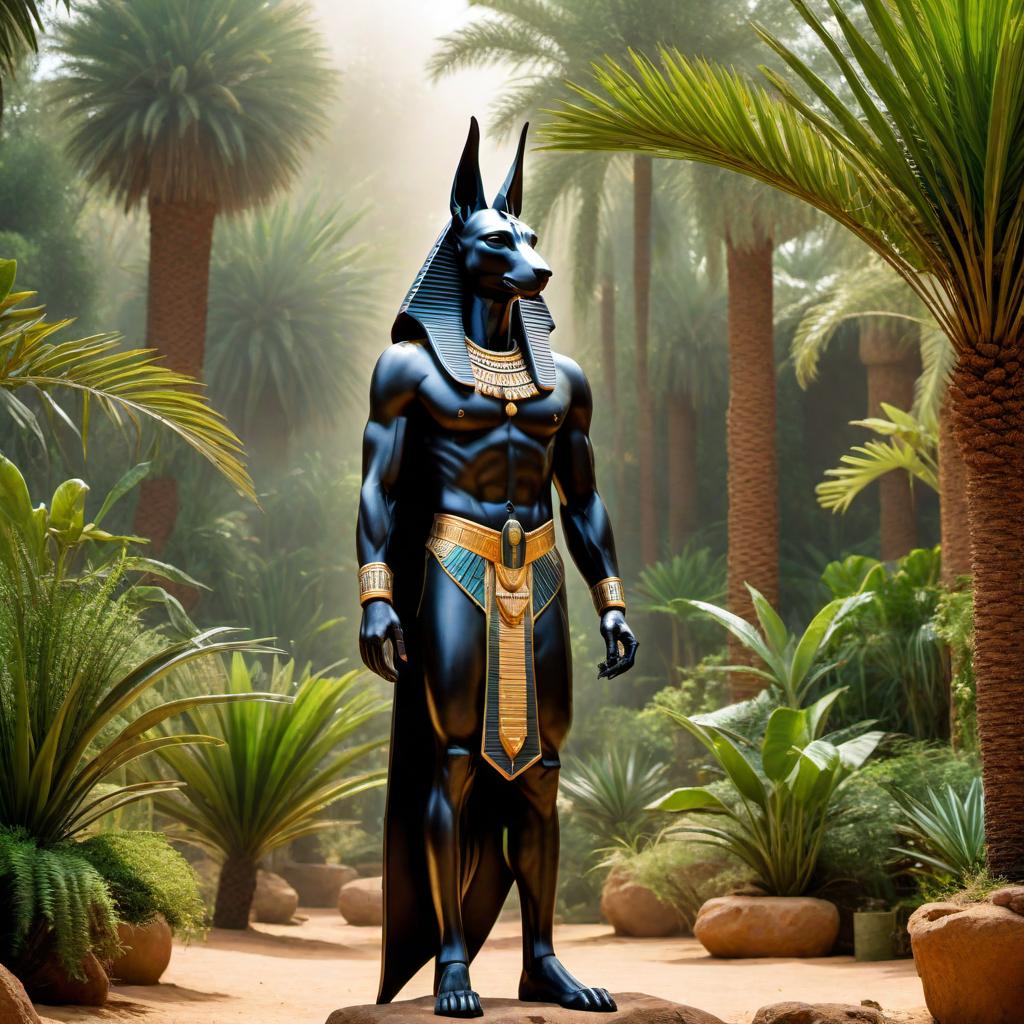  a massive statue of Anubis in a lush desert, surrounded by exotic plants and tall trees, mysterious, ancient, high detail, tropical landscape, and pyramids hyperrealistic, full body, detailed clothing, highly detailed, cinematic lighting, stunningly beautiful, intricate, sharp focus, f/1. 8, 85mm, (centered image composition), (professionally color graded), ((bright soft diffused light)), volumetric fog, trending on instagram, trending on tumblr, HDR 4K, 8K