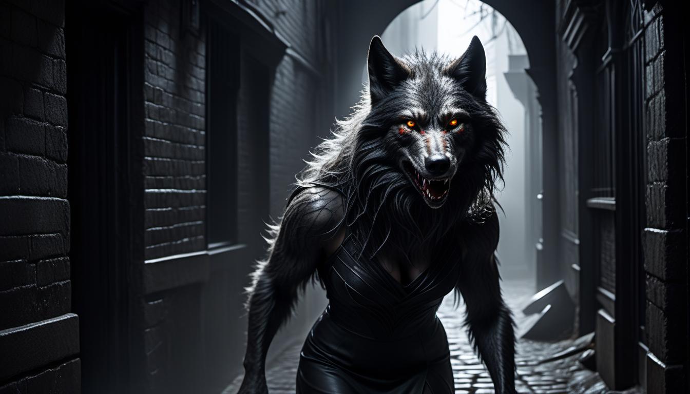  In the dimly lit alley, a brooding female werewolf prowls with an air of mystery and danger, torn dress, beautiful facial features, tangled hair, sharp fangs, red lips. The scene is captured in a dramatic black and white photograph, highlighting the creatures sleek fur and piercing yellow eyes. Every detail is sharp and visit, from the glint of moonlight on its fun to the texture of its tangled maze. The image exudes a sense of nature inspired intensity, drawing viewer into the world of the supernatural and the unknown. hyperrealistic, full body, detailed clothing, highly detailed, cinematic lighting, stunningly beautiful, intricate, sharp focus, f/1. 8, 85mm, (centered image composition), (professionally color graded), ((bright soft diffused light)), volumetric fog, trending on instagram, trending on tumblr, HDR 4K, 8K