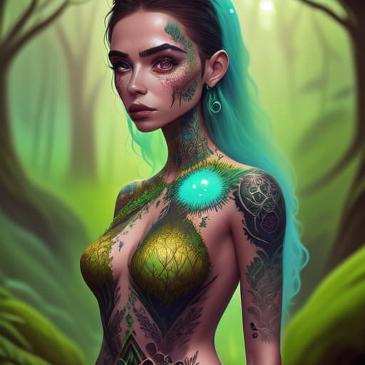 in OliDisco style dos mujeres gemelas vestidas con tatuajes en una selva y un hombre mayor alejado de ellas