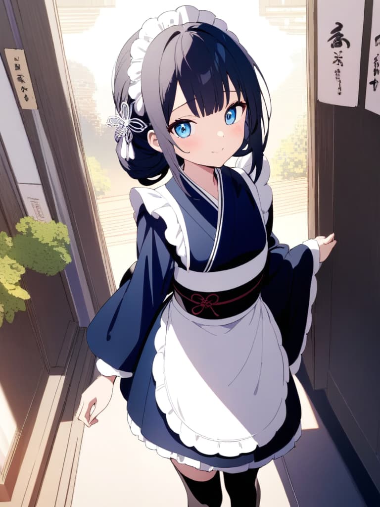  ((Kimono,kimono maid,Japanese style maid,wearing maid apron over kimono,blue kimono,mini length kimono,knee high socks,black tights)),black hair,light blue eyes,shy,embarred face,maid hair accessory,Japanese patterned kimono,Japanese style cafe,Japanese style cafe staff,cute,beautiful girl,beautiful、ultra detailed,best shadow,cute and beautiful face,(masterpiece:1.2),(best quality:1.2),detailed background,high contrast,(best illumination,an extremely delicate and beautiful),((cinematic light)),hyper detail,dramatic light,intricate details,8k,anime,very aesthetic、Customer service,maid serving,cute,smiling,Kimono,long sleeved kimono, masterpiece, best quality,8k,ultra detailed,high resolution,an extremely delicate and beautiful,hyper deta