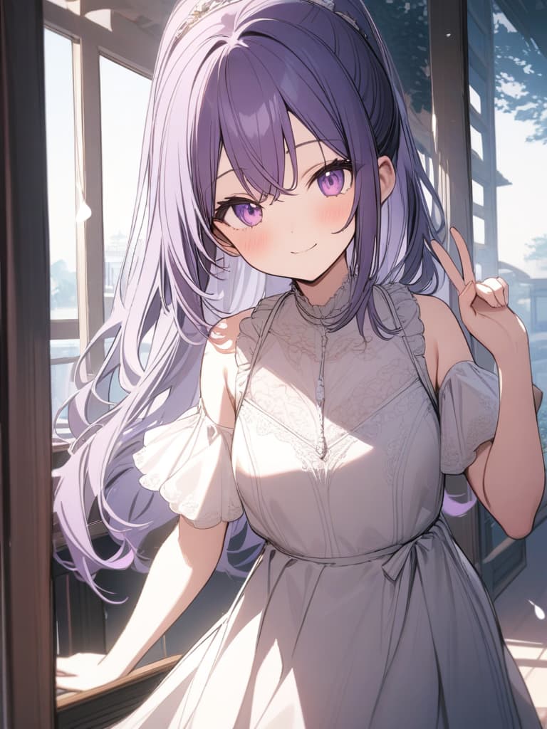  Cute, , long hair, thin body, ponytail, purple hair, purple eyes, smiling, g, big s, gs, gs, gs fruits, frills dresses, sisters, older sisters., masterpiece, best quality,8k,ultra detailed,high resolution,an extremely delicate and beautiful,hyper detail