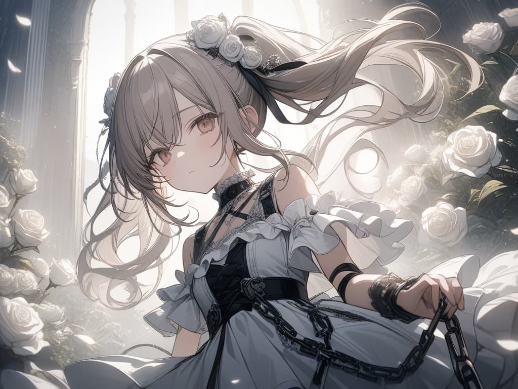  Girls, hair color beige, gothic fashion with many red, white frills, many white roses, white roses, white, fleeting, light, twin tails, chains., masterpiece, best quality,8k,ultra detailed,high resolution,an extremely delicate and beautiful,hyper detail