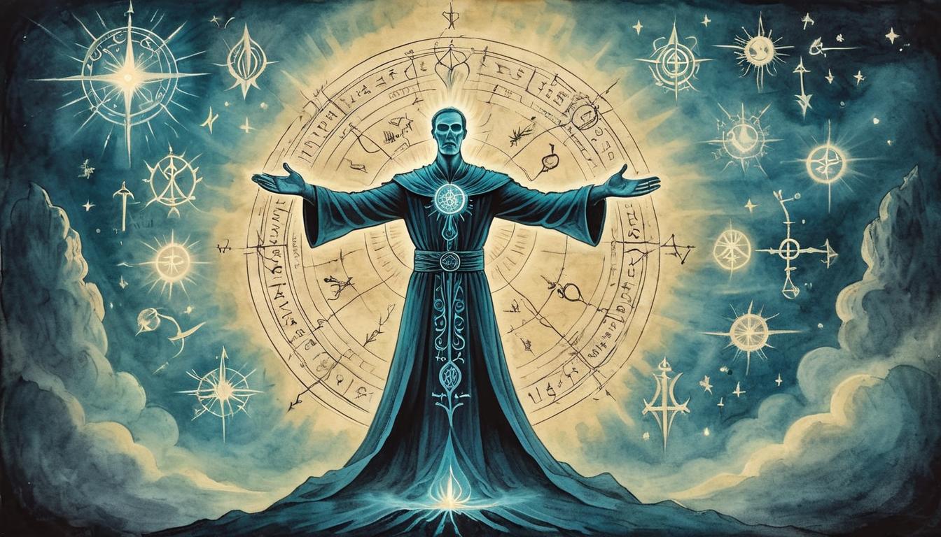  on parchment, surrealism+++, a glowing figure with outstretched arms, light beams emanating, surrounded by mystical sigils, conduit of energy, inspiring(mysterious, provocative, symbolic,muted color)+++