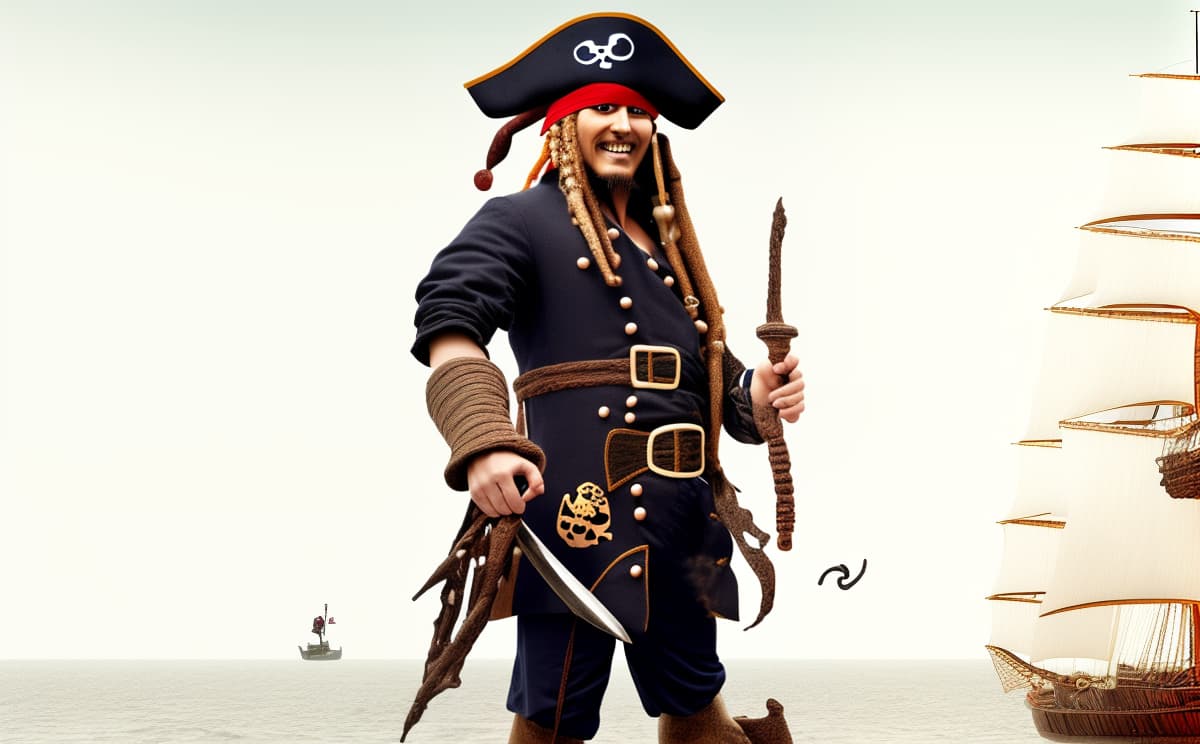 wa-vy style Transform the uploaded photo of a person into an image of a pirate. Add pirate themed elements such as an eye patch, a tricorn hat, a parrot on the shoulder, a pirate coat, and a background featuring a pirate ship or a treasure island. Ensure the person retains their original facial features while blending seamlessly with the pirate attire and setting. The final image should be vibrant, detailed, and convey a classic pirate look