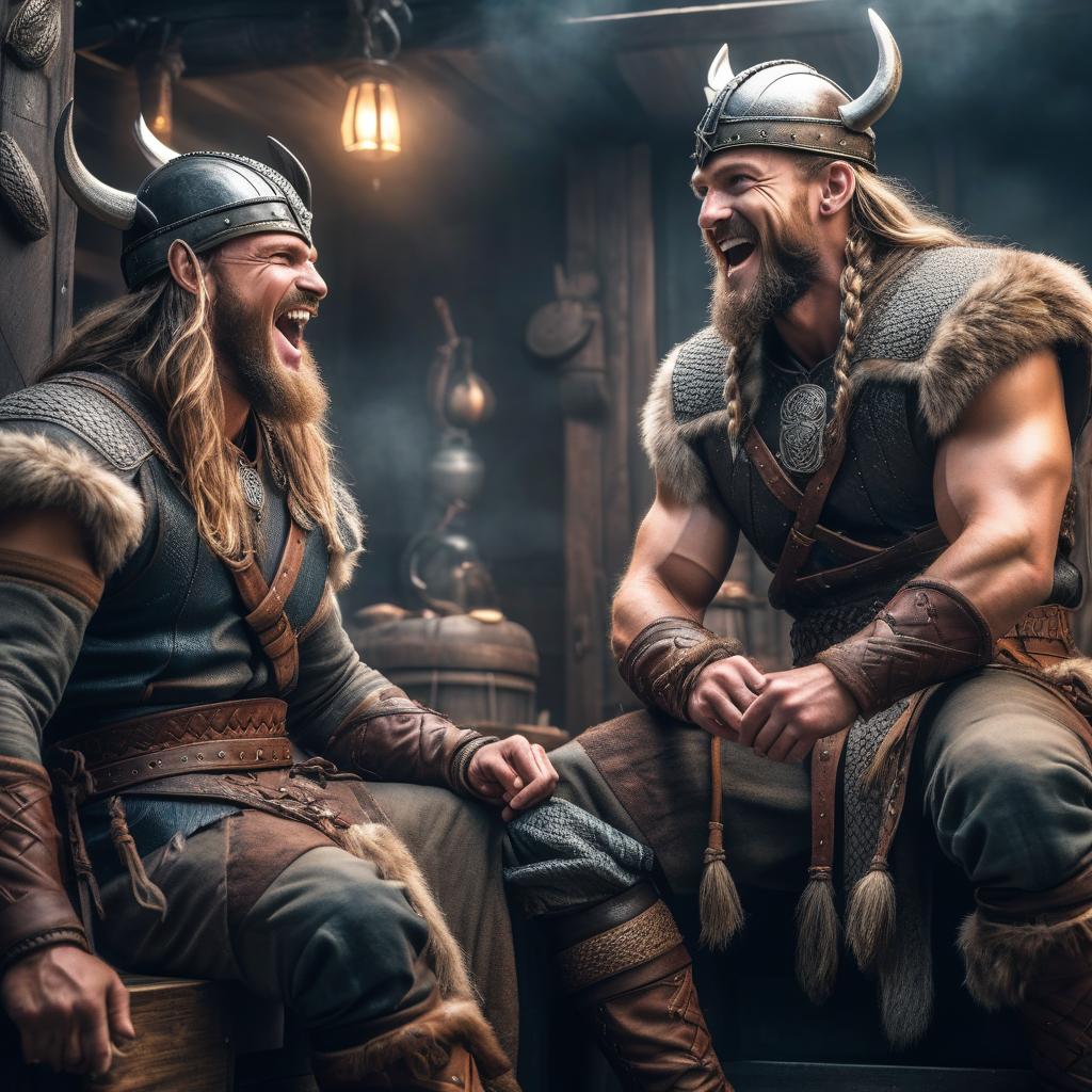  Vikings laughing sit on a refrigerator. hyperrealistic, full body, detailed clothing, highly detailed, cinematic lighting, stunningly beautiful, intricate, sharp focus, f/1. 8, 85mm, (centered image composition), (professionally color graded), ((bright soft diffused light)), volumetric fog, trending on instagram, trending on tumblr, HDR 4K, 8K