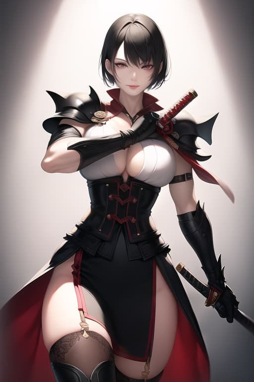  black hair, very short hair, older sister, mature, white dress shirt, red corset, black leather pants, long katana, from head to thigh, muscular, precise eyes, precise hands, Japanese armor on shoulders and arms, smiling, (Masterpiece, BestQuality:1.3), (ultra detailed:1.2), (hyperrealistic:1.3), (RAW photo:1.2),High detail RAW color photo, professional photograph, (Photorealistic:1.4), (realistic:1.4), ,professional lighting, (japanese), beautiful face, (realistic face)