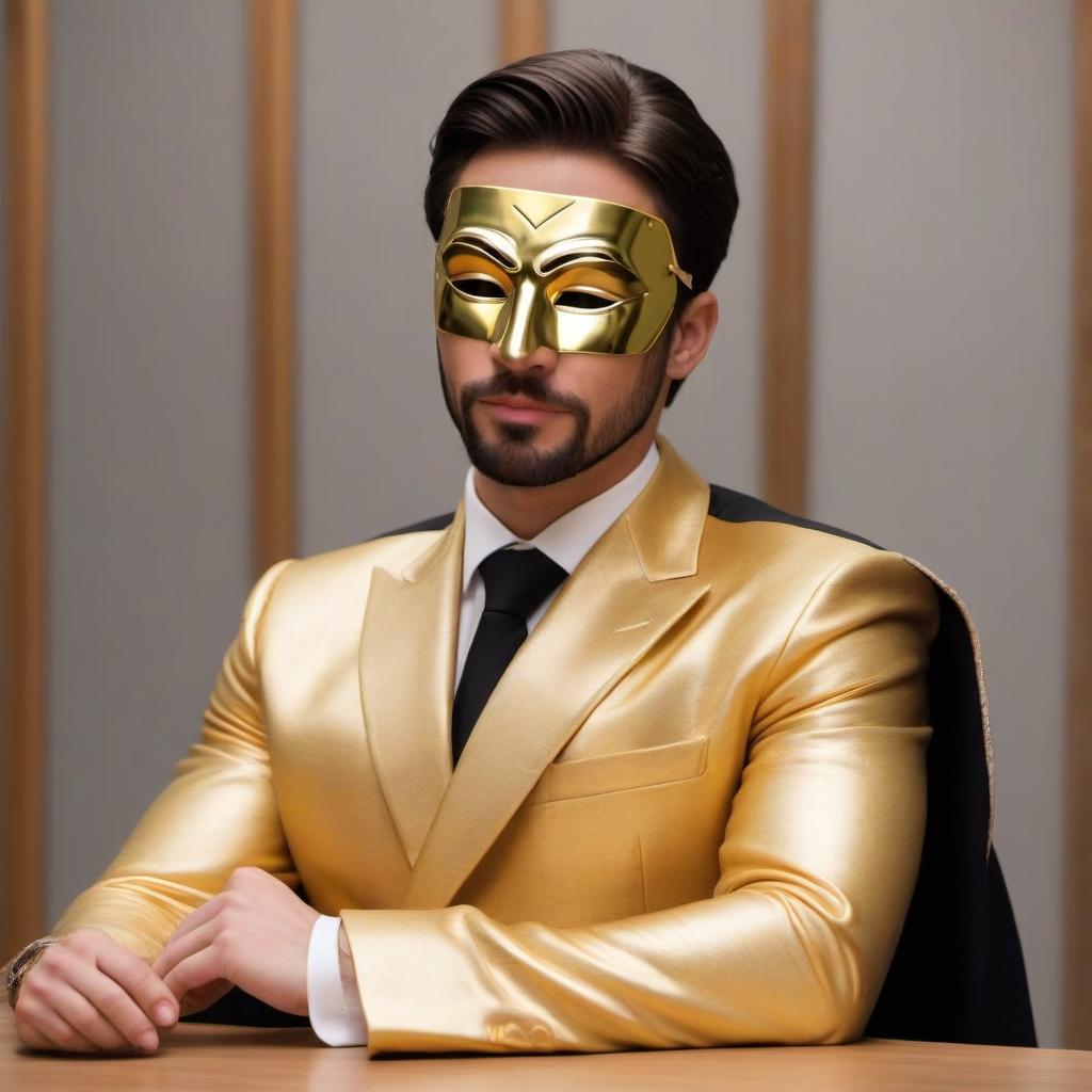  A man in a black suit and a golden mask of anonymus sits at the table, around a rich environment