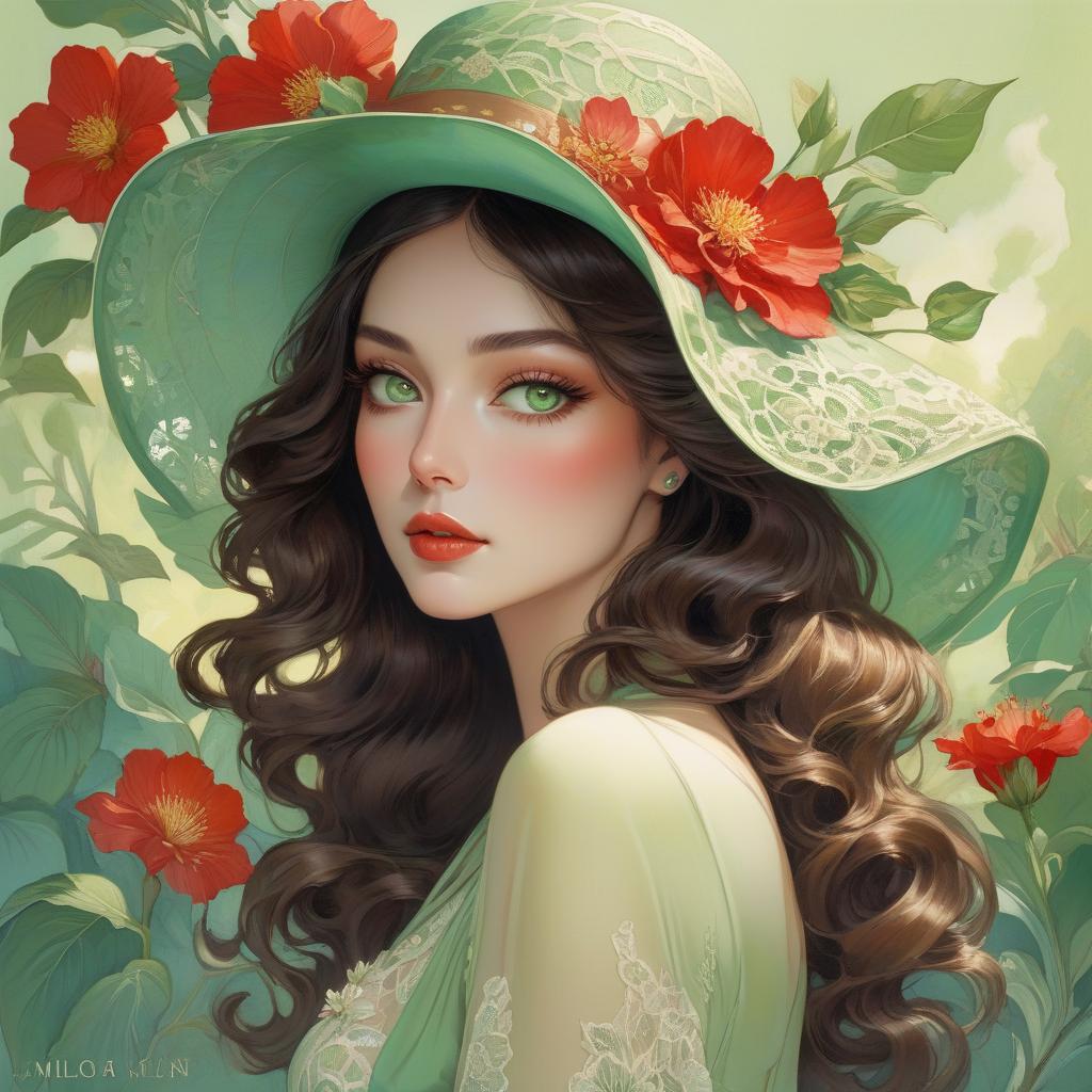  surrealist art A digital artwork of a woman with green eyes, wavy hair, wearing a broad brimmed hat adorned with a flower, set against a colorful backdrop. Art deco masterpiece by legendary artists that include vlop, Victo Ngai, Annigoni, Milo Manara, Botticelli, Catrin Welz Stein, Jean Metzinger, Gustav Klimt, image of a young woman with a fair complexion and soft facial features. She has charming almond shaped hazel eyes and full lips that add to her serene expression. Her wavy, dark brown hair falls gracefully under a wide brimmed, light green hat decorated with intricate lace patterns and a delicate red flower. The background merges with her form in a dreamy watercolor blend of green, red and hints of yellow, suggesting a mix of floral  hyperrealistic, full body, detailed clothing, highly detailed, cinematic lighting, stunningly beautiful, intricate, sharp focus, f/1. 8, 85mm, (centered image composition), (professionally color graded), ((bright soft diffused light)), volumetric fog, trending on instagram, trending on tumblr, HDR 4K, 8K