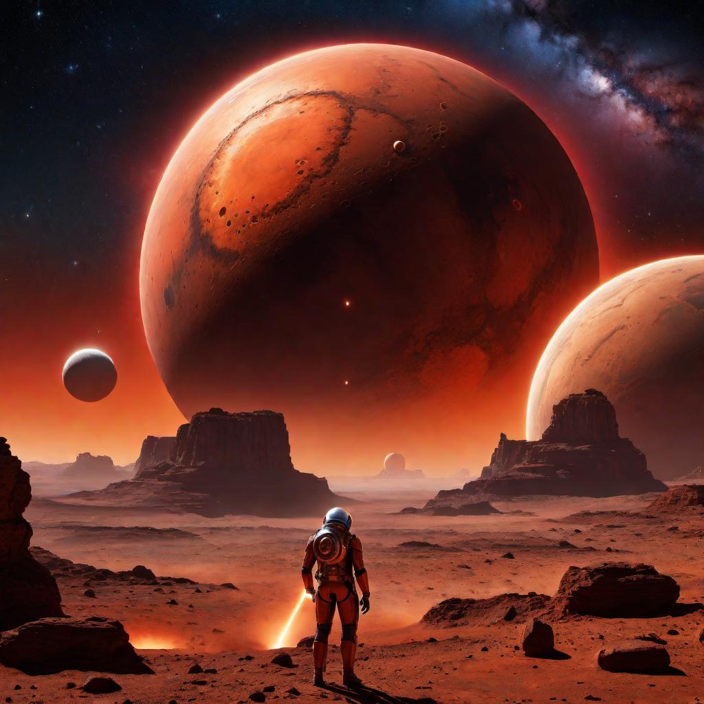  A cosmic scene where the planet Mars is being visited by another mysterious, celestial planet. There are vivid electrical discharges arcing between the two planets, and these bolts of energy are causing a massive chasm to form on the surface of Mars. The background is filled with stars and cosmic dust, giving it a deep space atmosphere. hyperrealistic, full body, detailed clothing, highly detailed, cinematic lighting, stunningly beautiful, intricate, sharp focus, f/1. 8, 85mm, (centered image composition), (professionally color graded), ((bright soft diffused light)), volumetric fog, trending on instagram, trending on tumblr, HDR 4K, 8K