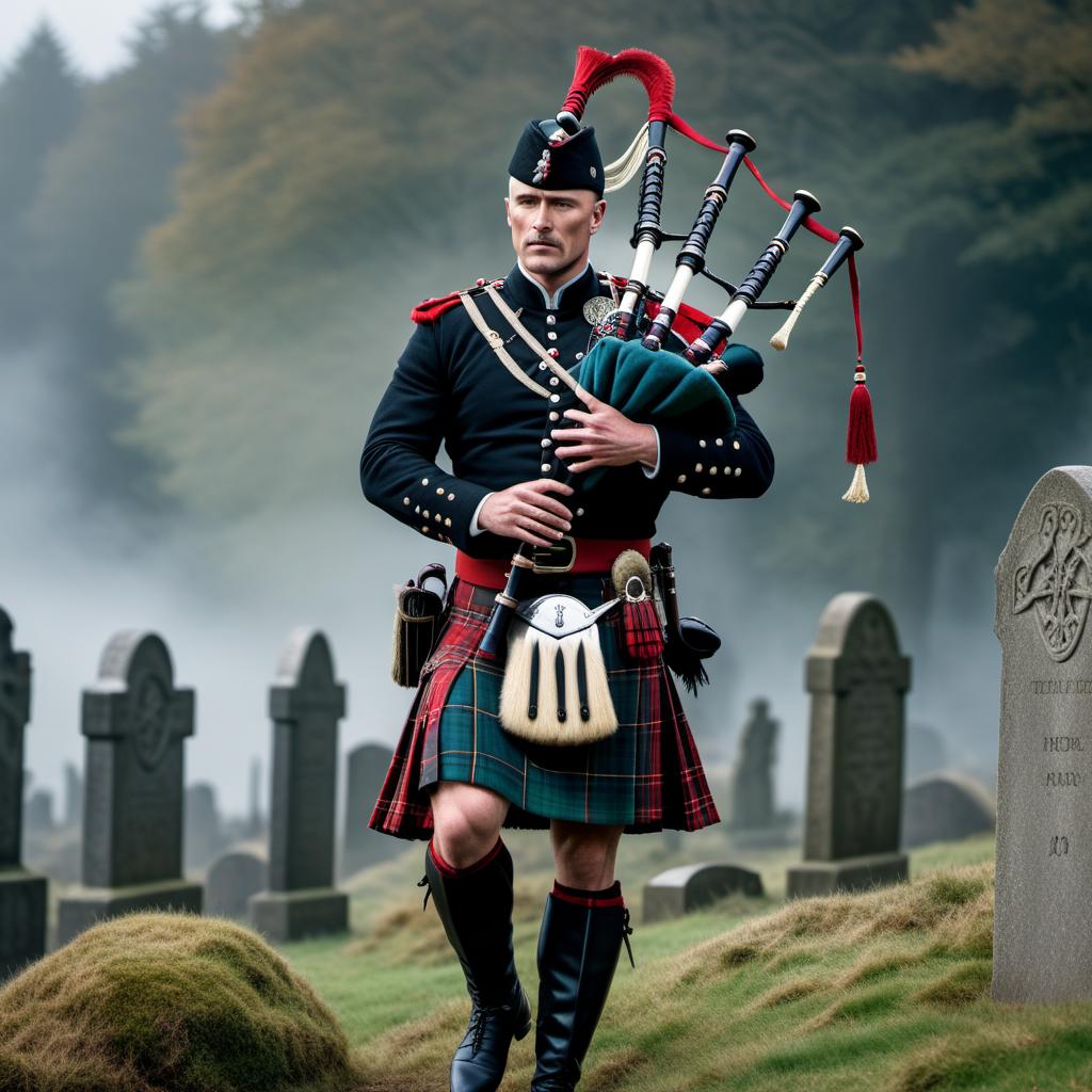  A depiction of a skeletal Scottish soldier rising from a grave wearing a traditional kilt while playing the bagpipes. hyperrealistic, full body, detailed clothing, highly detailed, cinematic lighting, stunningly beautiful, intricate, sharp focus, f/1. 8, 85mm, (centered image composition), (professionally color graded), ((bright soft diffused light)), volumetric fog, trending on instagram, trending on tumblr, HDR 4K, 8K