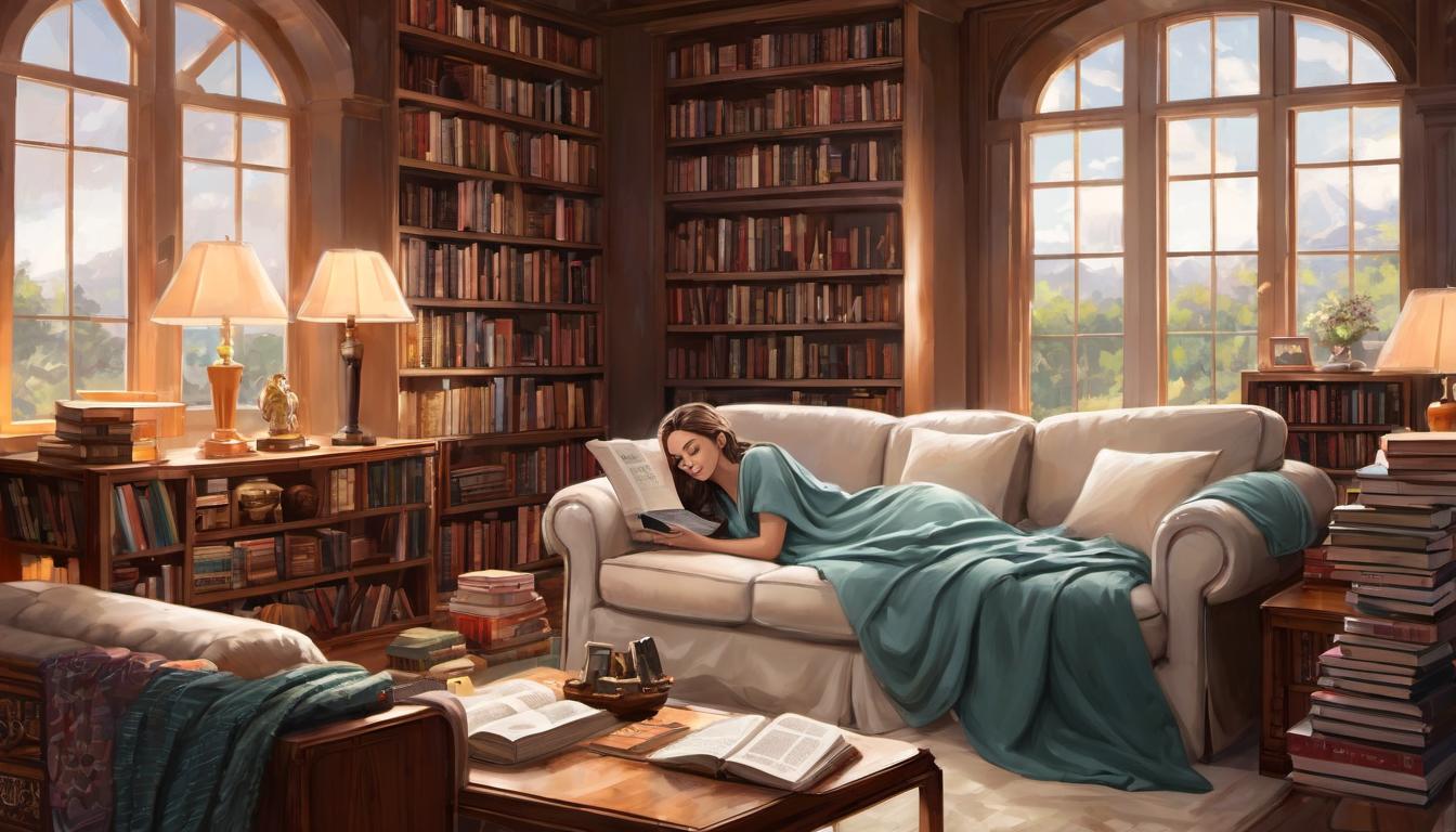  digital illustration, cozy room, warm light, 1woman, wrapped in a blanket, curled up on a sofa, surrounded by books and familiar items, comfort, security, tranquil, safe, looking at viewer, dynamic pose, (intricate details, masterpiece, best quality)