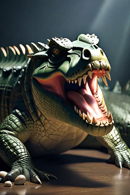  Crocodile head with open mouth eating human skull hyperrealistic, full body, detailed clothing, highly detailed, cinematic lighting, stunningly beautiful, intricate, sharp focus, f/1. 8, 85mm, (centered image composition), (professionally color graded), ((bright soft diffused light)), volumetric fog, trending on instagram, trending on tumblr, HDR 4K, 8K