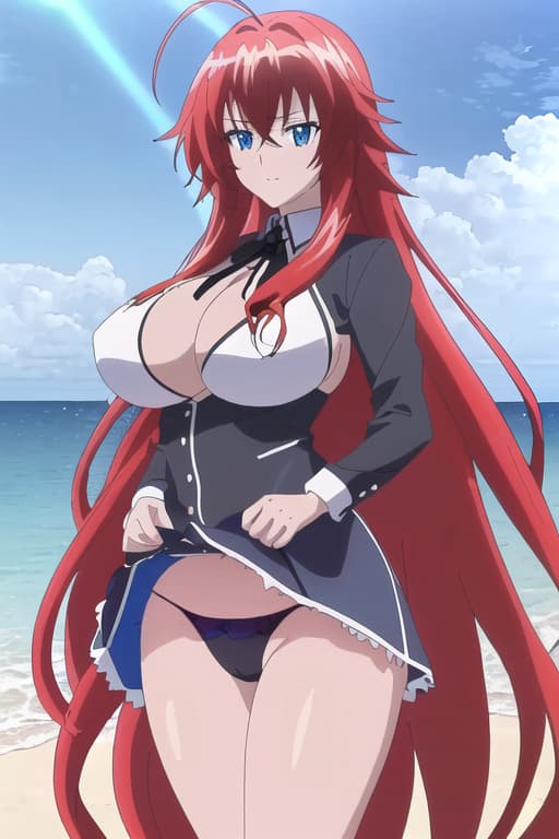  ,on the beach,sunny beautiful day,age,cameltoe,long hair,,realistic,anime style.,masterpiece, best quality, 1women, long red hair, looking at viewer, :3, cute, black uniform, outdoors, streets, cowboy shot, curvy, (((blue eyes))), rias gremory, red hair, antenna hair, wavy hair, ((beautiful detailed eyes, beautiful detailed glow, lots of glow)), anime screencap