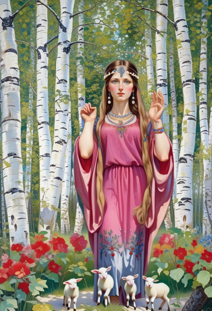  Didilia. A young, beautiful, blooming Ancient Slavic woman with long brown hair and blue eyes, wearing a headband decorated with pearls and precious stones, is depicted from head to toe in an embroidered dress. He walks through a dense birch grove. The gaze looks from the painting to the viewer. Her right hand is clenched into a fist, bent at the elbow and raised at shoulder level. The left arm is bent at the elbow and raised at shoulder level and the palm is open and turned from the painting to the viewer. Flowers are blooming at her feet and fruits are lying and newborn lambs are running and newborn piglets are running hyperrealistic, full body, detailed clothing, highly detailed, cinematic lighting, stunningly beautiful, intricate, sharp focus, f/1. 8, 85mm, (centered image composition), (professionally color graded), ((bright soft diffused light)), volumetric fog, trending on instagram, trending on tumblr, HDR 4K, 8K