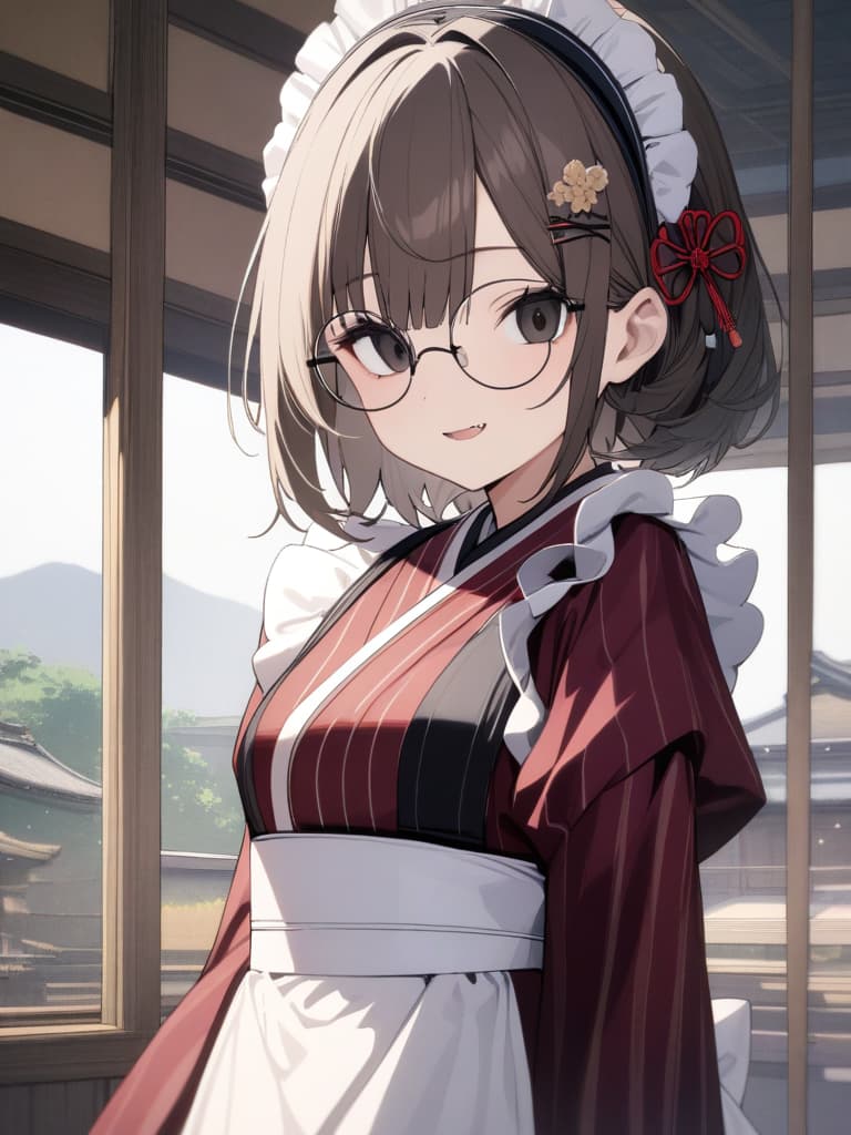  ultra detailed:1.2,masterpiece:1.2,best quality,masterpiece,bestquality,hdr:1.1,8k:1.1,very cute girl:1.3,(wine red color kimono,vertical striped kimono:1.3),(gles,round eyewear:1.4),(dark brown hair:1.3),(black eye:1.4),(maid headdress:1.5),(white apron:1.4),upper body:1.3,face focus:1.4,old Japanese room:1.5,(open mouth,fang:1.1),(light smile:1.3),(short hair,forehead:1.2),hair pin, masterpiece, best quality,8k,ultra detailed,high resolution,an extremely delicate and beautiful,hyper detail