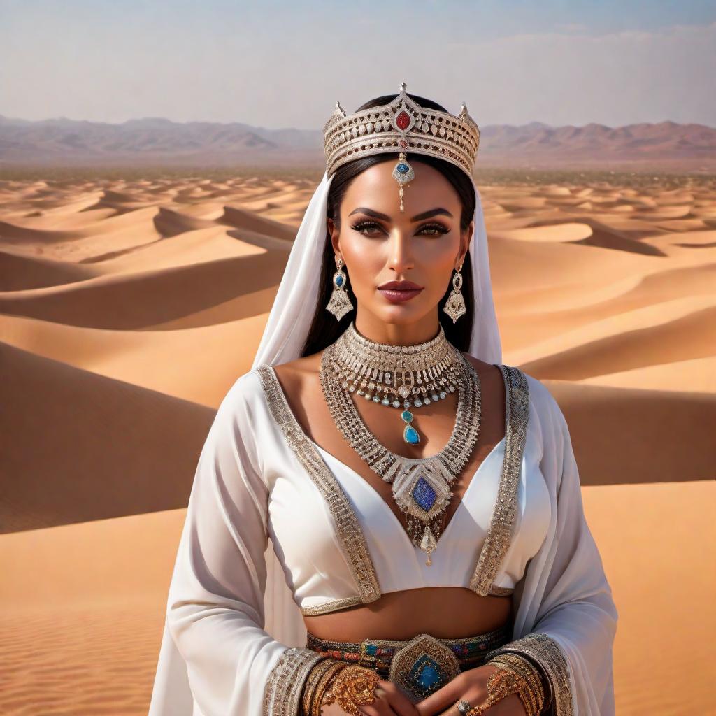  Portrait of a Queen from the southern region of Morocco, wearing traditional attire. The Queen is adorned with intricate silver jewelry, including necklaces, earrings, and a headdress typical of Moroccan Berber culture. She stands in a majestic pose, with a beautiful desert landscape featuring sand dunes and traditional Berber tents in the background. Vibrant colors are used to highlight the richness of Moroccan culture. hyperrealistic, full body, detailed clothing, highly detailed, cinematic lighting, stunningly beautiful, intricate, sharp focus, f/1. 8, 85mm, (centered image composition), (professionally color graded), ((bright soft diffused light)), volumetric fog, trending on instagram, trending on tumblr, HDR 4K, 8K