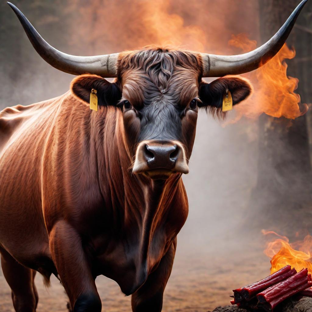  A logo design for 'Longhorn Beef Jerky Co.' featuring a Longhorn Bull's Head with the following specifications: The bull's head should be depicted prominently and defiantly. The colors to be used are burnt orange, gray, black, and off-white. The eyes of the bull should be red and black, giving it a fierce look. Smoke and fire should be emanating from the bull's nostrils to highlight the intensity and flavor of the beef jerky. The overall design should have a rugged, rustic feel to align with the nature of the beef jerky business. hyperrealistic, full body, detailed clothing, highly detailed, cinematic lighting, stunningly beautiful, intricate, sharp focus, f/1. 8, 85mm, (centered image composition), (professionally color graded), ((bright soft diffused light)), volumetric fog, trending on instagram, trending on tumblr, HDR 4K, 8K