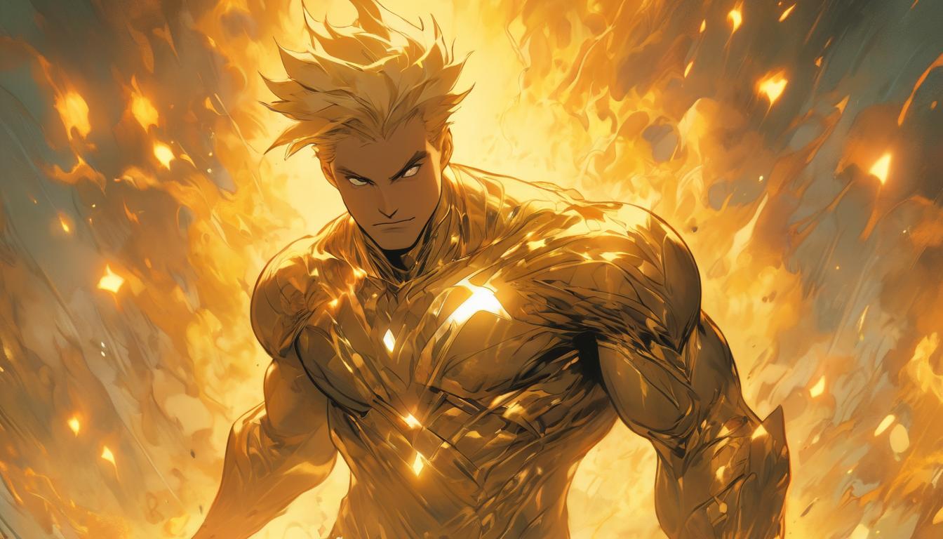  hyperrealism,fantasy aesthetic1man, large busted attractive blonde arian male humanoid, golden light, interconnected beings, ethereal glow, approaching golden age, enlightened, warm, high tech clothing clad in sleek, futuristic costume with metallic accents and form fitting designs, marvel superhero comics style, unreal engine rendering