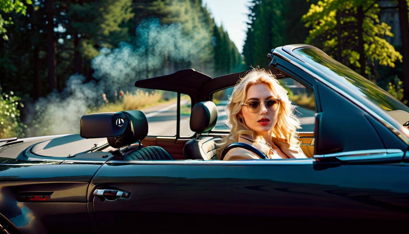  cinematic photo Beautiful blond girl driving a "Mercedes" . 35mm photograph, film, bokeh, professional, 4k, highly detailed, FILM PHOTOGRAPHY STYLE hyperrealistic, full body, detailed clothing, highly detailed, cinematic lighting, stunningly beautiful, intricate, sharp focus, f/1. 8, 85mm, (centered image composition), (professionally color graded), ((bright soft diffused light)), volumetric fog, trending on instagram, trending on tumblr, HDR 4K, 8K