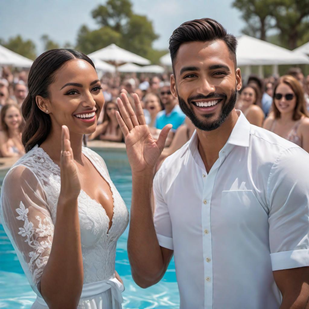  Two individuals during a baptism ceremony. The person in the baptismal pool is wearing a shirt that says "I'm all in" while making a "rock on" hand gesture with a big smile. Another person outside the pool is also making the same hand gesture, sharing the joyous moment. Both have happy expressions on their faces, symbolizing enthusiasm and excitement during this significant event. hyperrealistic, full body, detailed clothing, highly detailed, cinematic lighting, stunningly beautiful, intricate, sharp focus, f/1. 8, 85mm, (centered image composition), (professionally color graded), ((bright soft diffused light)), volumetric fog, trending on instagram, trending on tumblr, HDR 4K, 8K