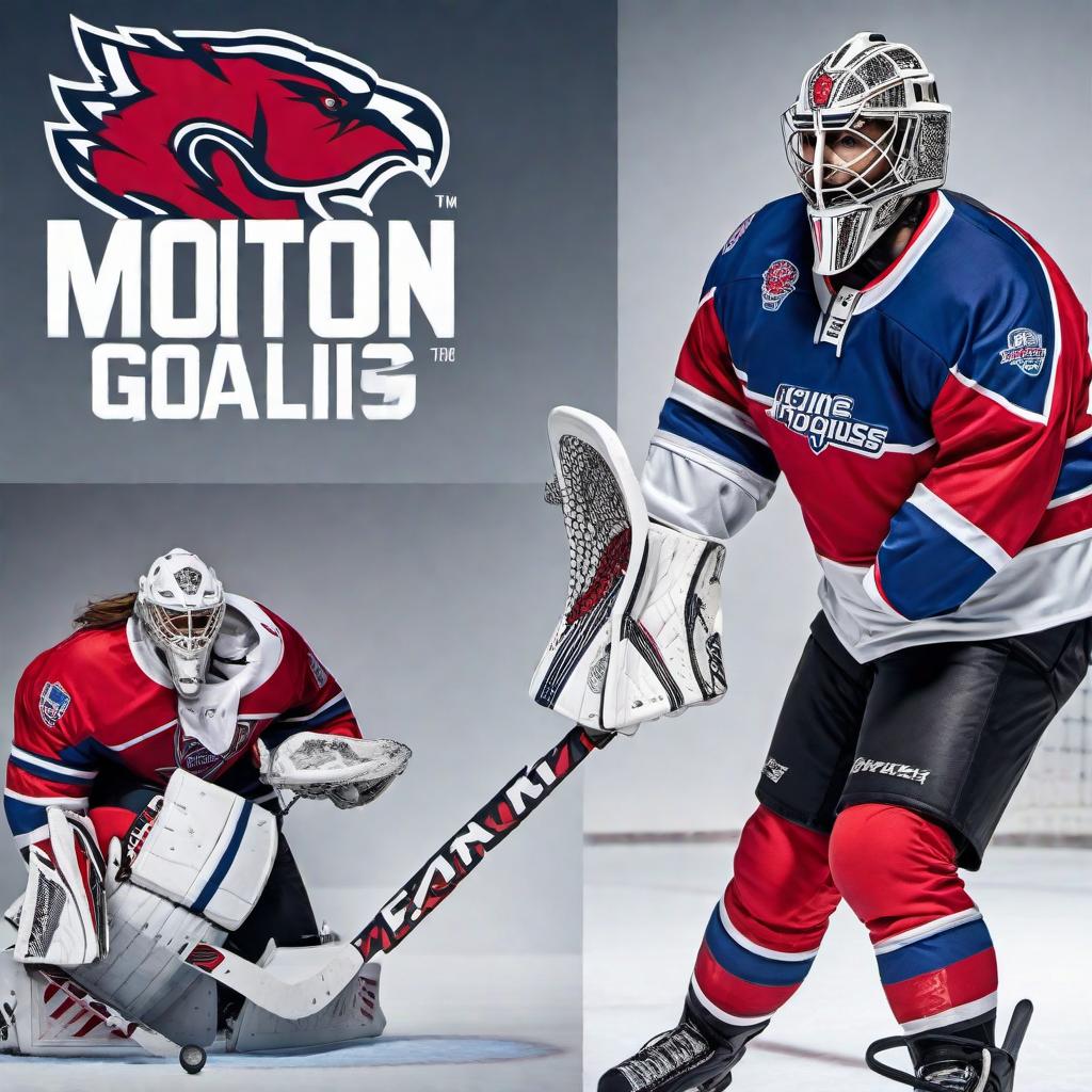  Design a logo for an ice hockey goalie school called 'DIRECT MOTION GOALTENDING'. The logo should prominently feature the name, and include elements related to ice hockey goaltending. Use a dynamic and bold color scheme, perhaps incorporating red, blue, white, and black. The design should convey movement and sportsmanship, potentially integrating a stylized goalie net, a puck, and motion lines to emphasize the concept of direct and efficient movements. hyperrealistic, full body, detailed clothing, highly detailed, cinematic lighting, stunningly beautiful, intricate, sharp focus, f/1. 8, 85mm, (centered image composition), (professionally color graded), ((bright soft diffused light)), volumetric fog, trending on instagram, trending on tumblr, HDR 4K, 8K