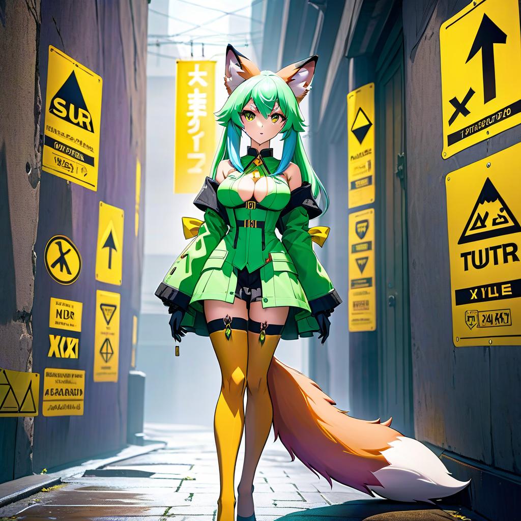  anime artwork A furry fox girl with violet fox ears and two bright green tails stands tall against a wall with yellow tape warning signs behind her. . anime style, key visual, vibrant, studio anime, highly detailed hyperrealistic, full body, detailed clothing, highly detailed, cinematic lighting, stunningly beautiful, intricate, sharp focus, f/1. 8, 85mm, (centered image composition), (professionally color graded), ((bright soft diffused light)), volumetric fog, trending on instagram, trending on tumblr, HDR 4K, 8K