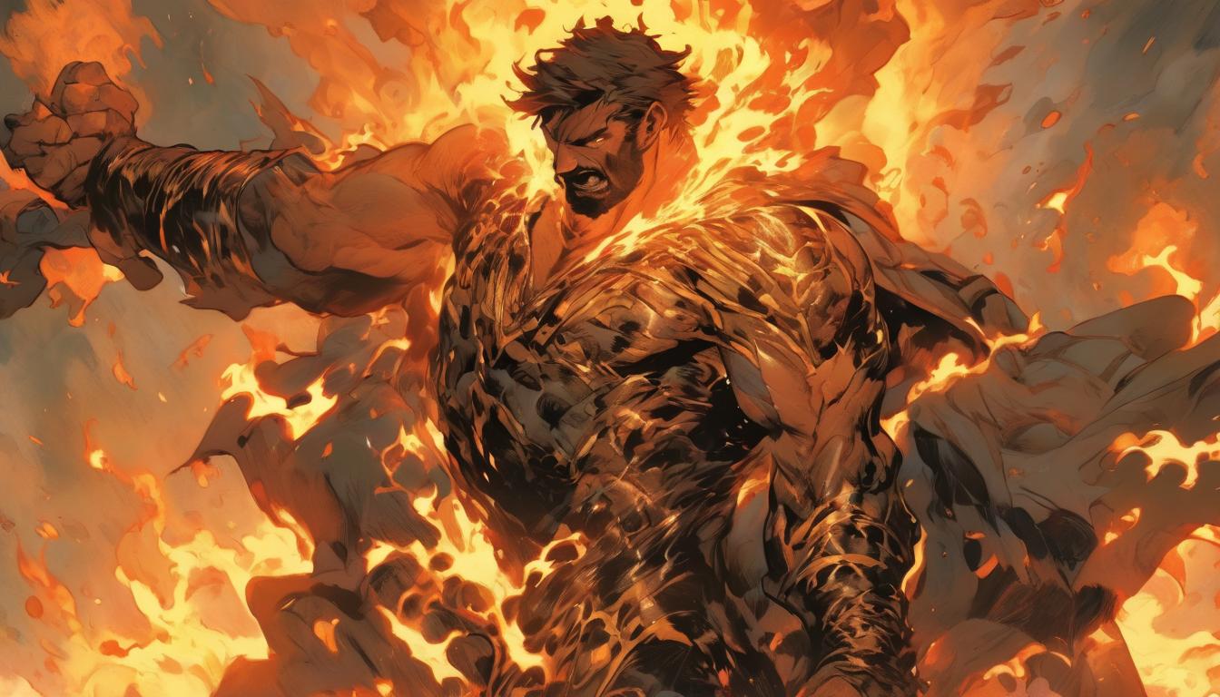  hyperrealism,fantasy aestheticHercules, anguished face contorted in pain, robe burning and consuming him, tragic end, ethereal flames, sadness, poignancy, high tech clothing clad in sleek, futuristic costume with metallic accents and form fitting designs, marvel superhero comics style, unreal engine rendering