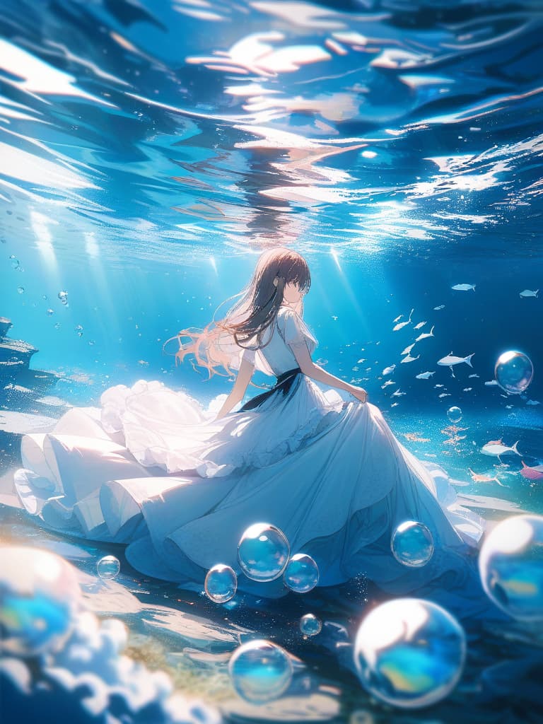  Underwater, in the sea, girl, dress, foam, underwater, fish, wave, soap bubbles, sunlight, glitter, masterpiece, best quality,8k,ultra detailed,high resolution,an extremely delicate and beautiful,hyper detail