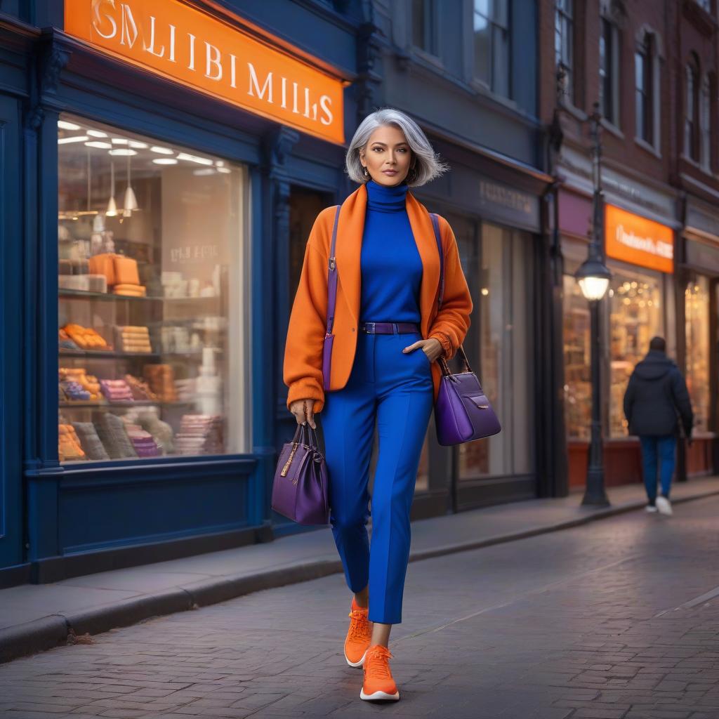  A beautiful girl with gray hair, a bob cut, wearing blue pants, a purple jacket, orange sneakers, an orange scarf, and carrying a handbag walks through the city at night. The city is lit up by streetlamps and glowing store windows. Megalopolis. hyperrealistic, full body, detailed clothing, highly detailed, cinematic lighting, stunningly beautiful, intricate, sharp focus, f/1. 8, 85mm, (centered image composition), (professionally color graded), ((bright soft diffused light)), volumetric fog, trending on instagram, trending on tumblr, HDR 4K, 8K