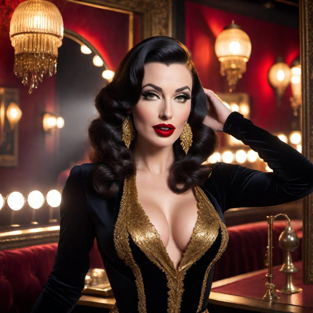  A stunning burlesque dancer in the style of Betty Paige and Norma Jean, with a snarl Mona Lisa smile on her face. She has wavy dark hair, glamorous red lipstick, and is dressed in a black and gold outfit. The background features a vintage keyhole, adding an air of mystery and allure. The scene is set in a 1950s vintage nightclub, with velvet curtains and dim, warm lighting. hyperrealistic, full body, detailed clothing, highly detailed, cinematic lighting, stunningly beautiful, intricate, sharp focus, f/1. 8, 85mm, (centered image composition), (professionally color graded), ((bright soft diffused light)), volumetric fog, trending on instagram, trending on tumblr, HDR 4K, 8K