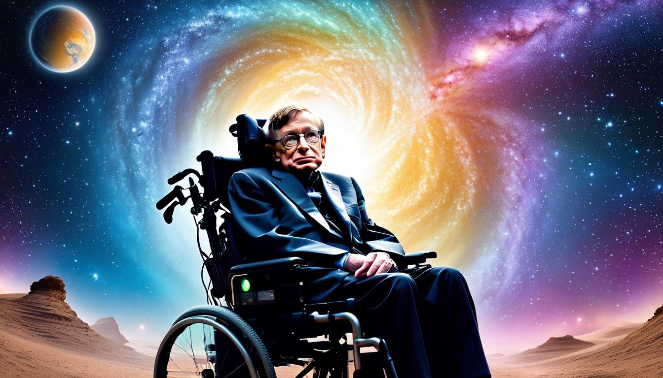  fluorescent dust, fluorescent spraypaint, fluorescent grain, fluorescent make up A detailed portrait of Stephen Hawking, seated in his wheelchair, set against a backdrop of the cosmos. Celestial beings with gentle expressions and radiant auras stand behind him, symbolizing the inspirational impact of his life.dust, cinematic film, best quality, high resolution, realistic, 8k, dynamic angle, serene, extremely detailed, absurdres particle effect, wonderful night dreamlike glowing masterpiece, celestial, detailed, realistic, image concept art, phenomenal mesmerise, maximalist,